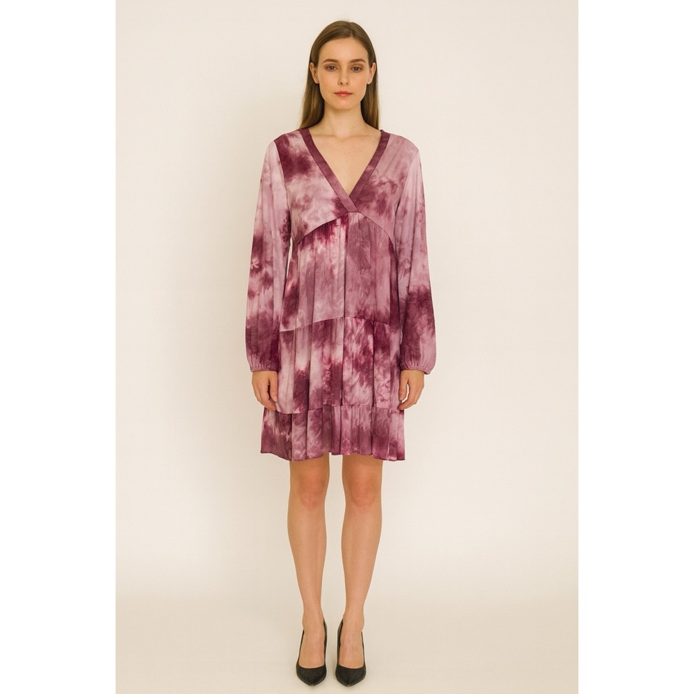 Paisley Grace Dress Plum Tie Dye Tiered V Neck Long Sleeves, Size M
